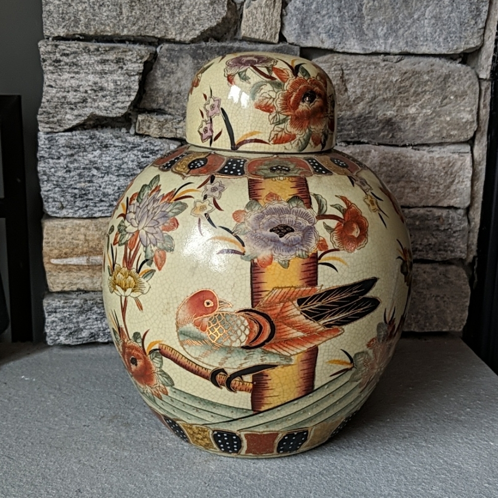 EUC Handpainted Gold Satsuma Floral Bird Urn Vase